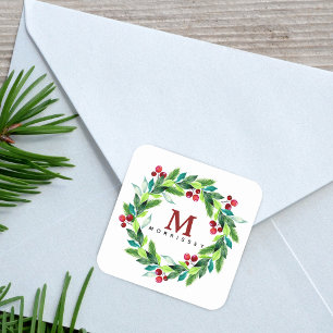 Sticker Carré Aquarelle Hallie et Berries Wreath Monogramme