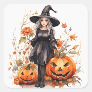 Sticker Carré Aquarelle Halloween sorcière avec Citrouille