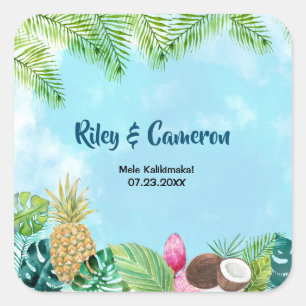 Sticker Carré Aquarelle Hawaiian Luau Party Merci