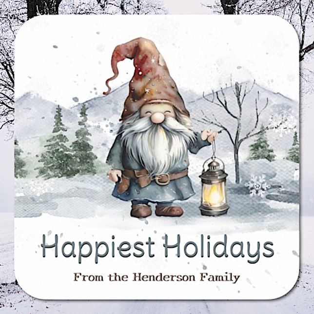 Sticker Carré Aquarelle hiver Gnome de Noël personnalisé (Watercolor Winter Christmas Gnome Personalized Square Sticker)