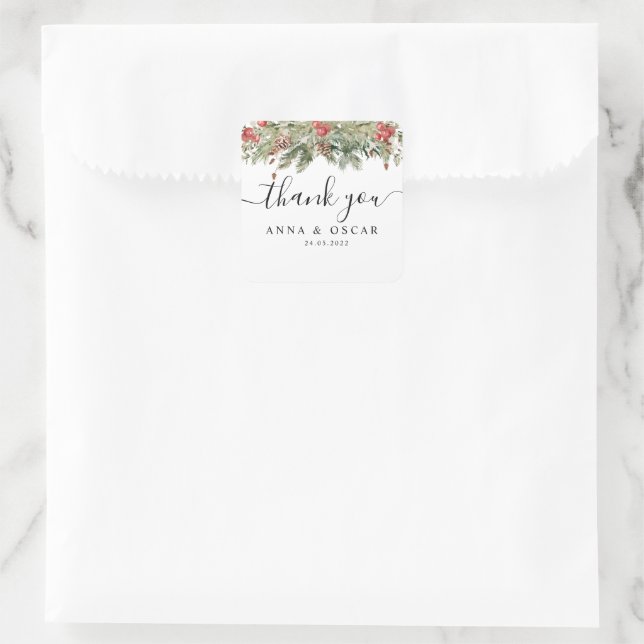 Sticker Carré Aquarelle Hiver Pine verte Arbre et Pine Cône (Sac)