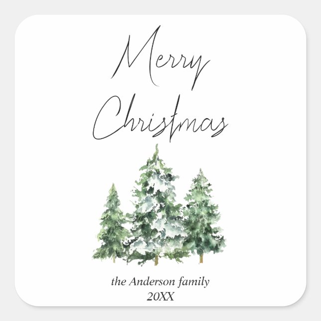 Sticker Carré Aquarelle Hiver Pins de Neige Joyeux Noël (Devant)