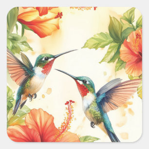 Sticker Carré Aquarelle Hummingbird and Flowers Design