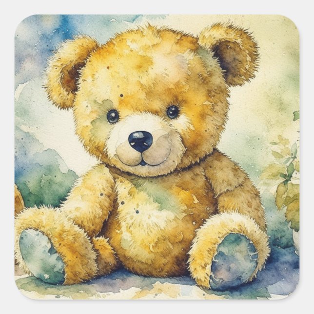 Sticker Carré Aquarelle illustrant un Merci d'ours en peluche (Devant)