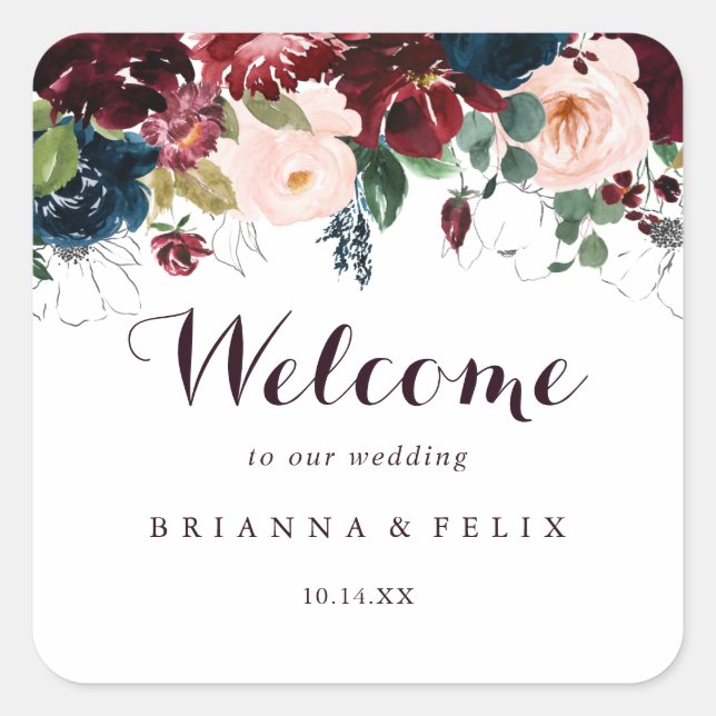 Sticker Carré Aquarelle Illustré Automne Floral Mariage Bienvenu (Devant)