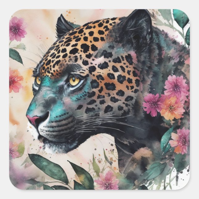 Sticker Carré Aquarelle Jaguar Art Floral (Devant)