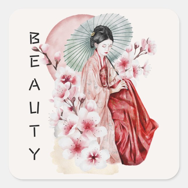 Sticker Carré Aquarelle japonaise de Geisha avec Kimono et Sakur (Devant)