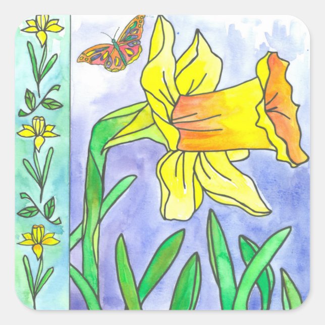 Sticker Carré Aquarelle Jaune Papillon Fleur Daffolé (Devant)