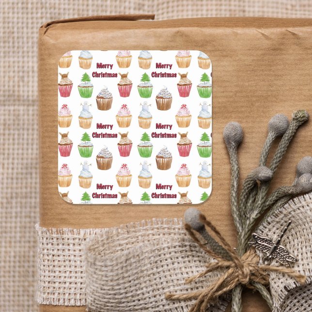 Sticker Carré Aquarelle Joyeux Noël Cupcake Motif (Créateur téléchargé)