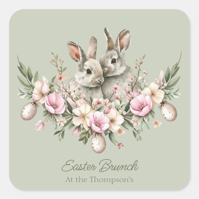 Sticker Carré Aquarelle Lapin Lapins Floral Oeuf Brunch de Pâque (Devant)