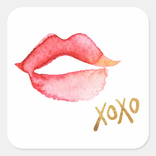 Sticker Carré Aquarelle Lèvres et huile or XOXO (Devant)
