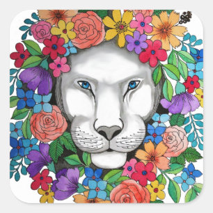 Sticker Carré Aquarelle Lion Et Fleurs Arc En Ciel