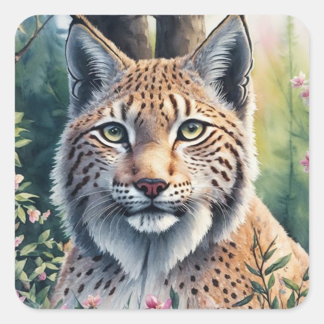 Sticker Carré Aquarelle Lynx Artwork Floral Feline (Devant)