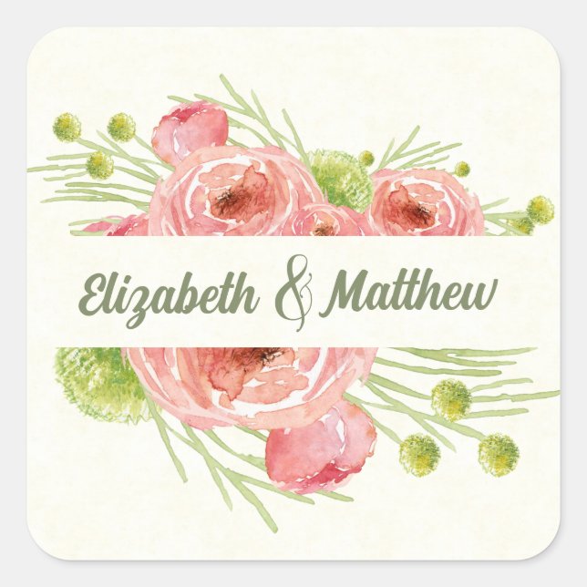 Sticker Carré Aquarelle Mariage Floral Merci (Devant)