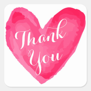 Sticker Carré Aquarelle Merci rose et rouge coeur amour