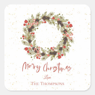 Sticker Carré Aquarelle mignonne Baies rouges Wreath Joyeux Noël