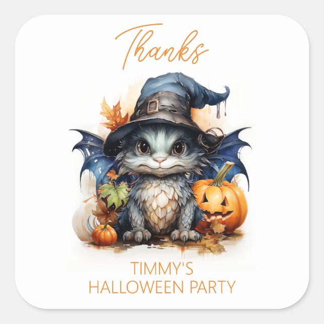 Sticker Carré Aquarelle mignonne Bébé Dragon Halloween Fête Favo (Devant)