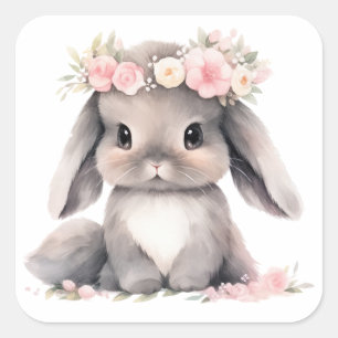 Sticker Carré Aquarelle mignonne Bébé Lapin de Pâques Filles gra
