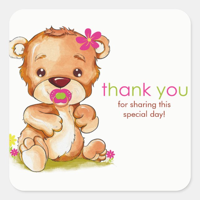 Sticker Carré Aquarelle mignonne bébé ours fille Merci (Devant)