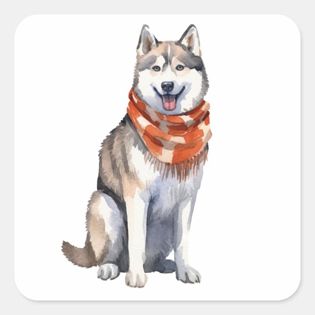 Sticker Carré Aquarelle mignonne Chien sibérien Husky (Devant)