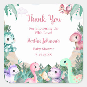 Sticker Carré Aquarelle mignonne Dinosaur Baby shower fille