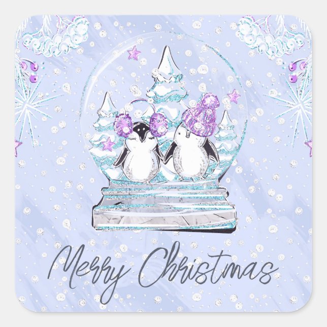 Sticker Carré Aquarelle mignonne hiver Pingouin amis Globe des n (Devant)