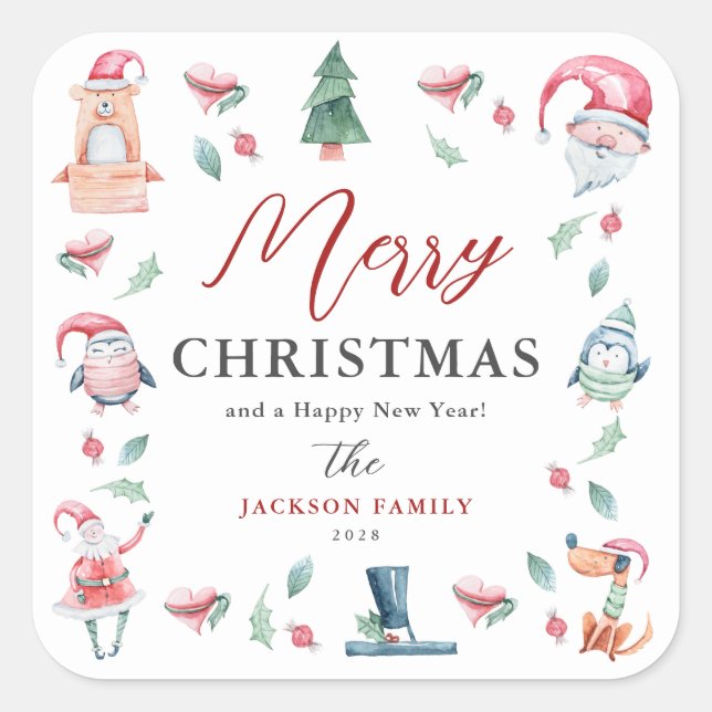 Sticker Carré Aquarelle mignonne Joyeux Noël personnalisé (Devant)