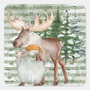 Sticker Carré Aquarelle mignonne Oie et chèvre d'hiver