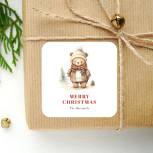 Sticker Carré Aquarelle mignonne Ours Joyeux Noël