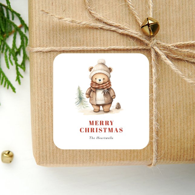 Sticker Carré Aquarelle mignonne Ours Joyeux Noël (Créateur téléchargé)