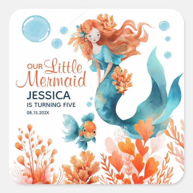 Sticker Carré Aquarelle mignonne Sirène Ocean Girl Anniversaire  (Devant)