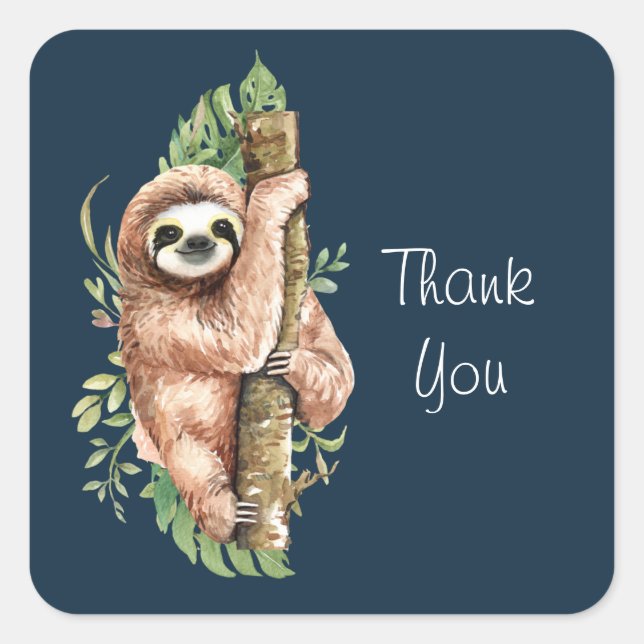 Sticker Carré Aquarelle mignonne Sloth & Merci Feuille Tropical (Devant)