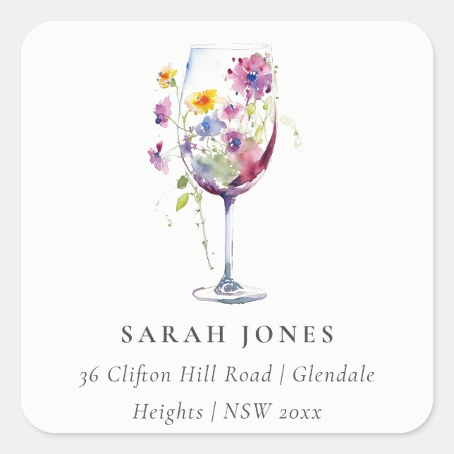 Sticker Carré Aquarelle minimale Vin Floral Adresse (Devant)