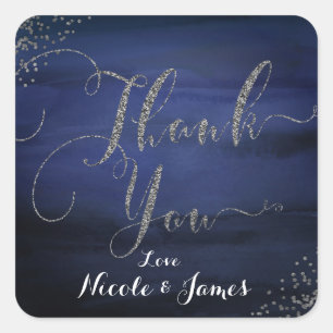 Sticker Carré Aquarelle moderne Bleu Argent Confetti Merci