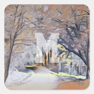 Sticker Carré Aquarelle moderne d'arbres enneigés colorés