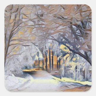 Sticker Carré Aquarelle moderne des arbres enneigés colorés