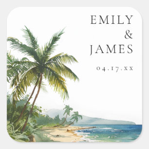Sticker Carré Aquarelle moderne Mariage de plage tropicale