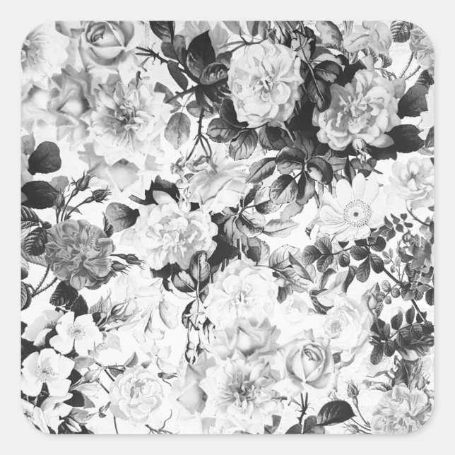 Sticker Carré Aquarelle moderne noir blanc pays floral (Devant)