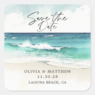 Sticker Carré Aquarelle moderne Ocean Beach Enregistrer la date