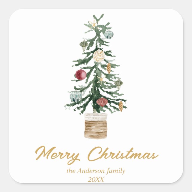 Sticker Carré Aquarelle moderne Or Ornements Arbre Noël (Devant)