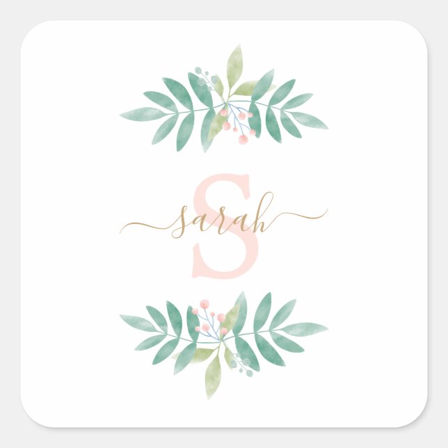 Sticker Carré Aquarelle Monogramme floral (Devant)