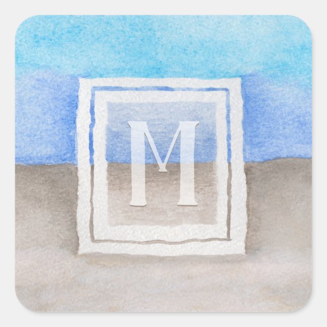 Sticker Carré Aquarelle Monogramme mer et sable bleu et bronze (Devant)
