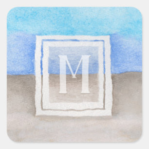 Sticker Carré Aquarelle Monogramme mer et sable bleu et bronze