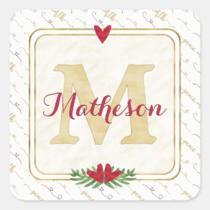 Sticker Carré Aquarelle Monogramme Rouge et or Typographie