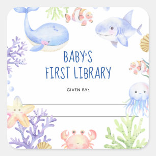 Sticker Carré Aquarelle nautique - ex-libris de baby shower