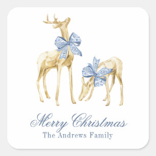 Sticker Carré Aquarelle Noël bleu Chinoiserie Bow Reindeer