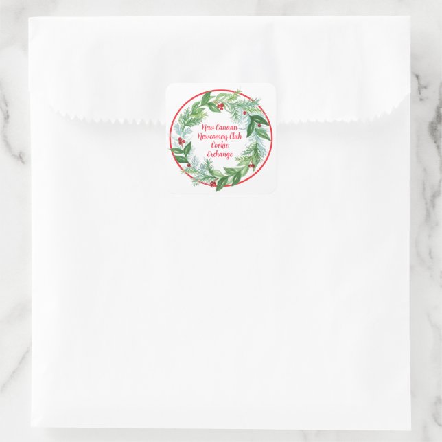 Sticker Carré Aquarelle Noël Vacances Wreath CUSTOM (Sac)