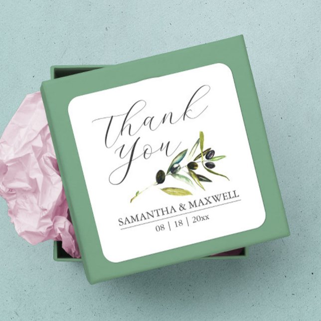 Sticker Carré Aquarelle Olive Branche mariage Faveur (thank you sticker watercolor botanical olive branch wedding favors)