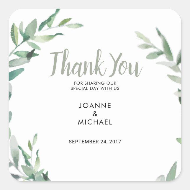 Sticker Carré Aquarelle olive feuille Mariage Merci Favoriser (Devant)