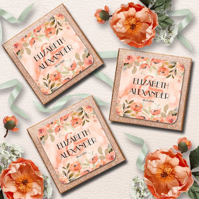 Sticker Carré Aquarelle Orange Floral Mariage (Wedding Watercolor Orange Floral 3" Square Stickers)